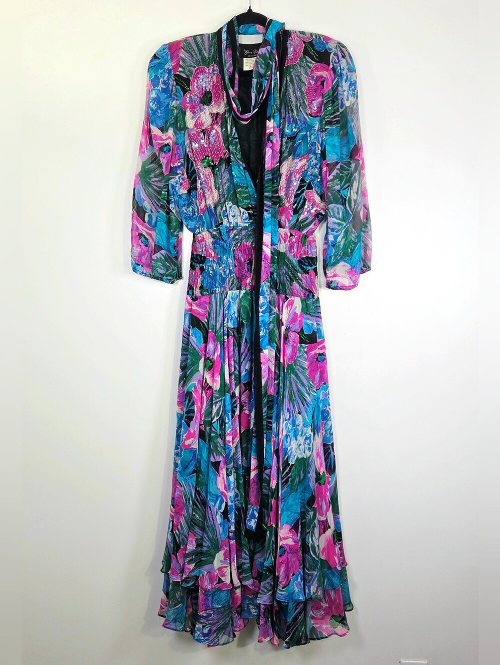 VINTAGE 80's DIANE FREIS SILK FLORAL BEADED SEQUINED SMOCKED BOHO DRESS